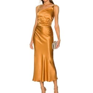 SHONA JOY REVOLVE Alma Asymmetrical Bias Cowl Midi Dress Turmeric Bronze 2 EUC